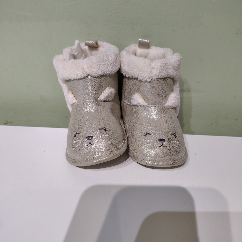 Child of Mine Cat Baby Girl Silver Boots Size 3-6 Months Winter Fuzzy Infant